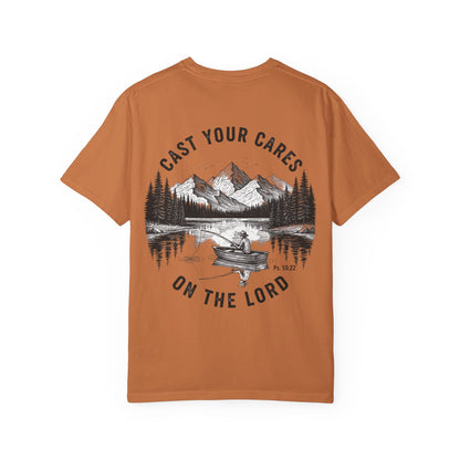 Cast Your Cares on the Lord T-Shirt - Psalm 55:22 Unisex Tee, Christian Outdoor Apparel, Faith-Based Fishing Shirt
