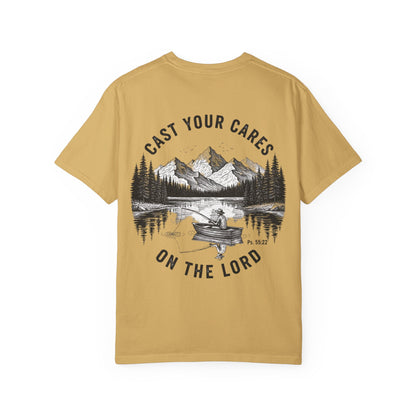Cast Your Cares on the Lord T-Shirt - Psalm 55:22 Unisex Tee, Christian Outdoor Apparel, Faith-Based Fishing Shirt