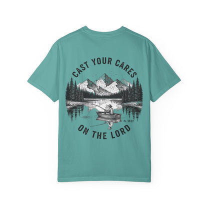 Cast Your Cares on the Lord T-Shirt - Psalm 55:22 Unisex Tee, Christian Outdoor Apparel, Faith-Based Fishing Shirt