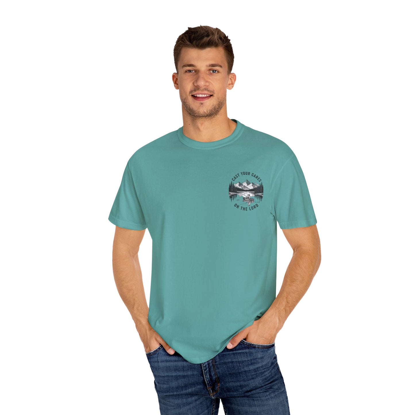 Cast Your Cares on the Lord T-Shirt - Psalm 55:22 Unisex Tee, Christian Outdoor Apparel, Faith-Based Fishing Shirt
