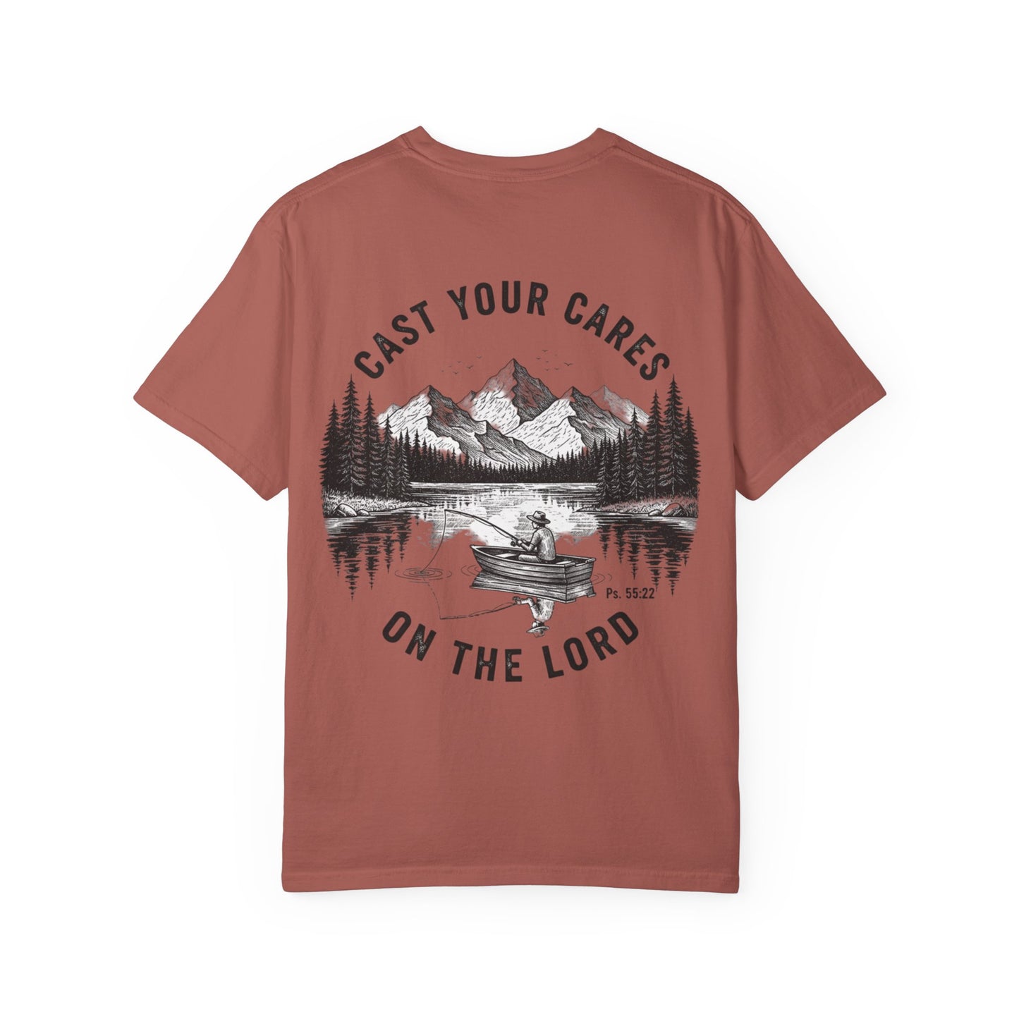 Cast Your Cares on the Lord T-Shirt - Psalm 55:22 Unisex Tee, Christian Outdoor Apparel, Faith-Based Fishing Shirt