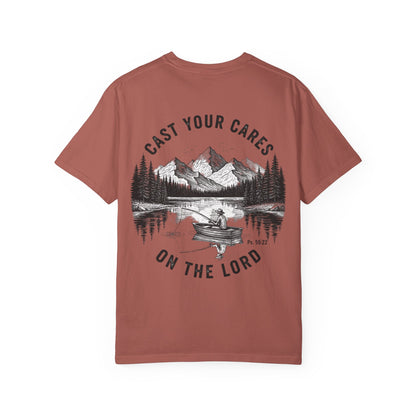 Cast Your Cares on the Lord T-Shirt - Psalm 55:22 Unisex Tee, Christian Outdoor Apparel, Faith-Based Fishing Shirt
