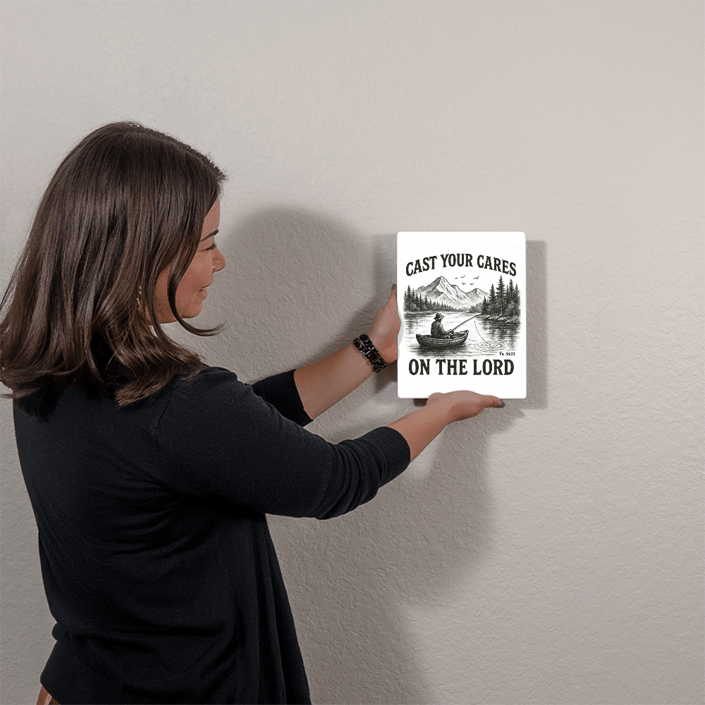 Cast Your Cares Metal Wall Art | High Gloss Scripture Print | Christian Gift for Men