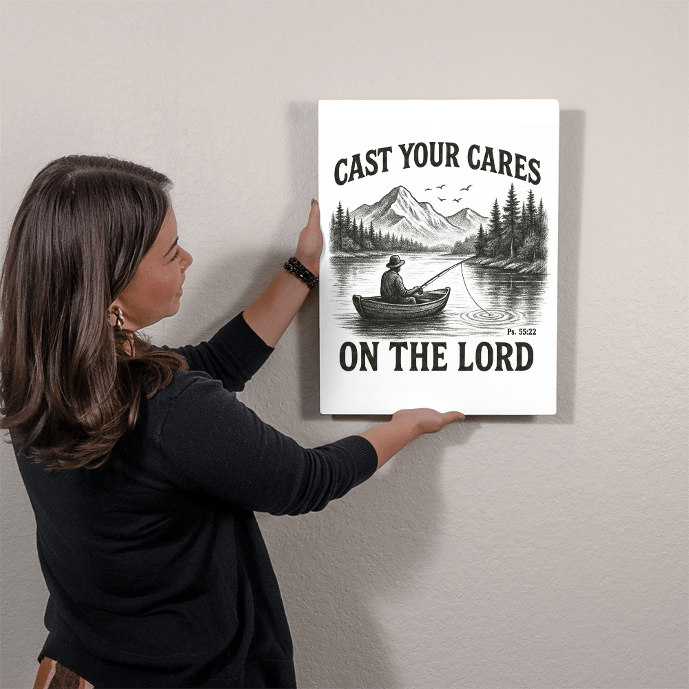 Cast Your Cares Metal Wall Art | High Gloss Scripture Print | Christian Gift for Men