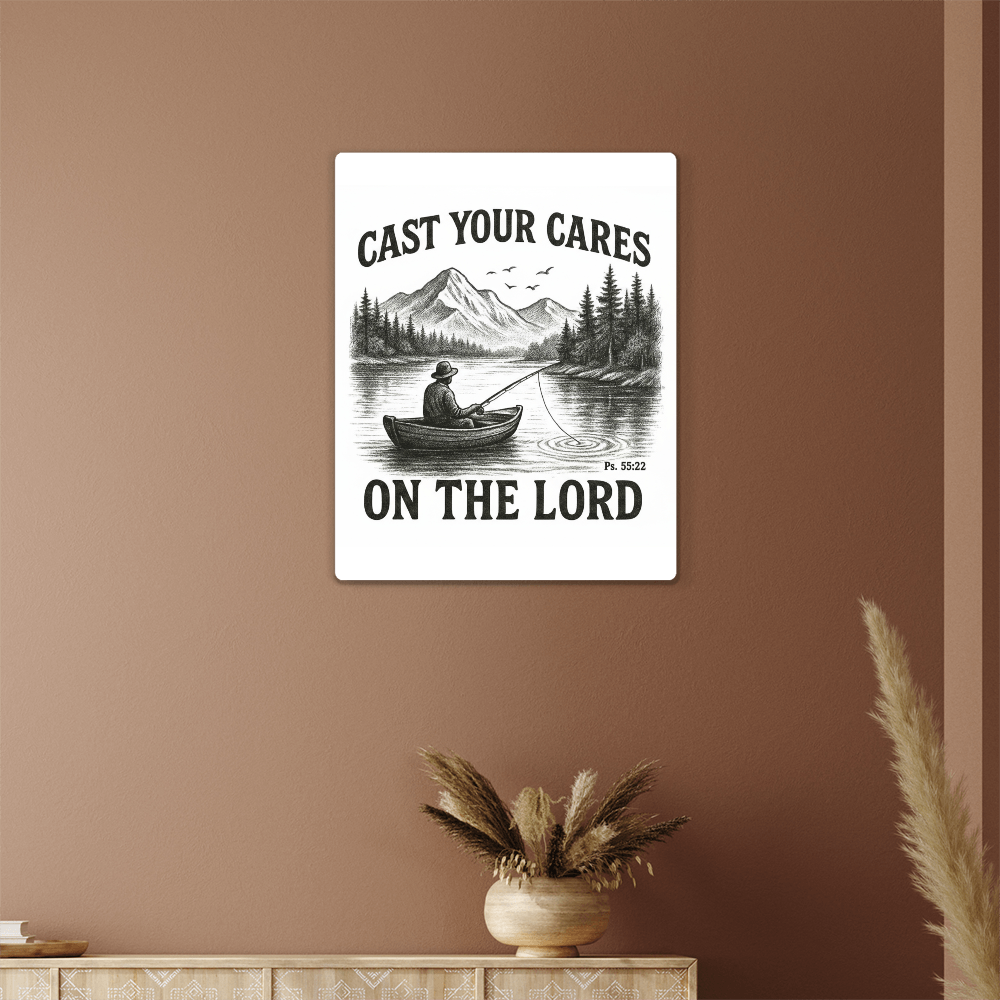 Cast Your Cares Metal Wall Art | High Gloss Scripture Print | Christian Gift for Men