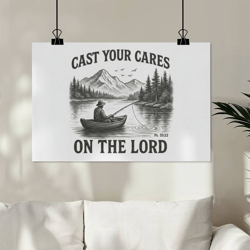 Man Cave Wall Art | Cast Your Cares Scripture Poster | Christian Gift for Men