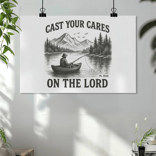 Man Cave Wall Art | Cast Your Cares Scripture Poster | Christian Gift for Men