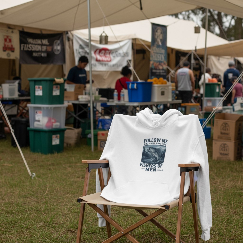 Fishers of Men hoodie at outreach event