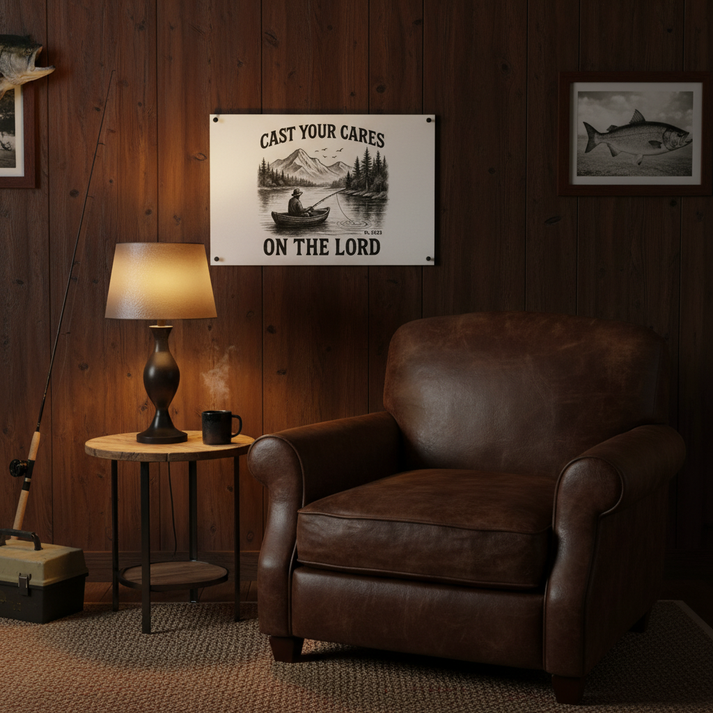 Unframed Cast Your Cares poster on wood wall