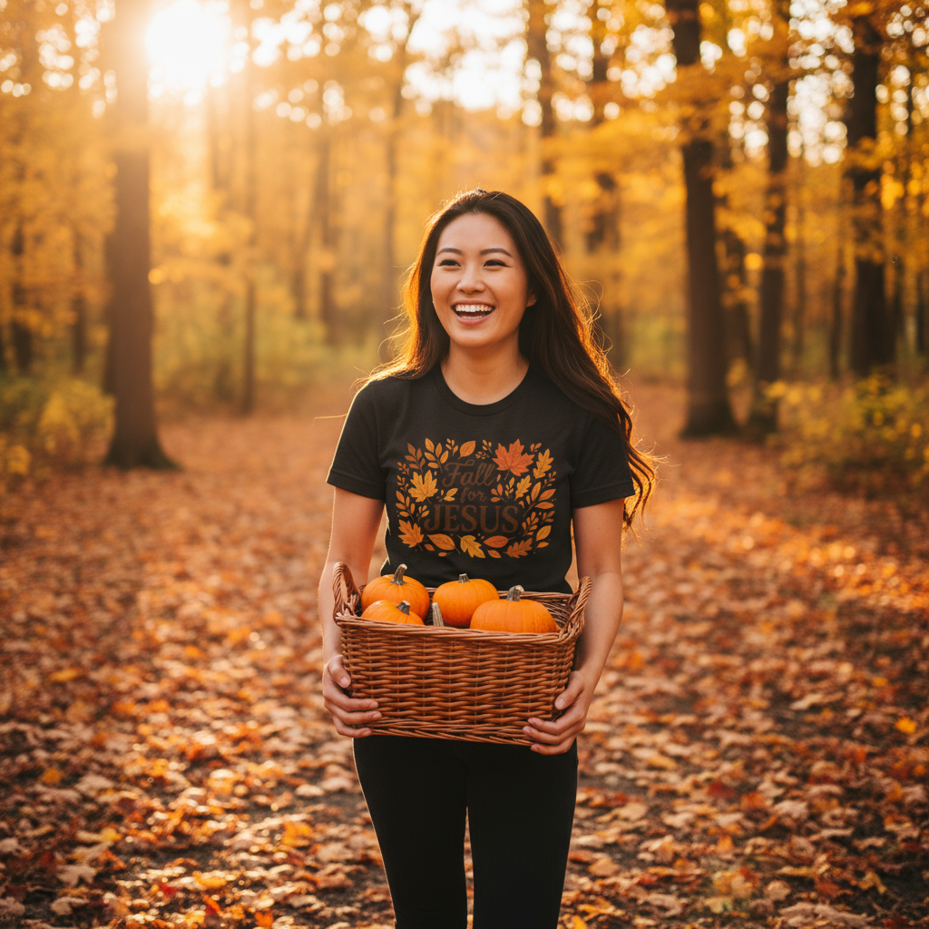 Woman in black Fall for Jesus tee