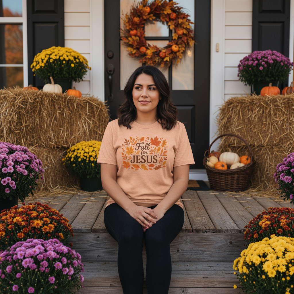 Woman in peach Fall for Jesus tee