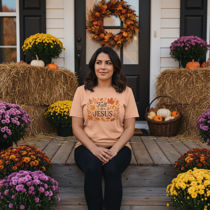 Woman in peach Fall for Jesus tee