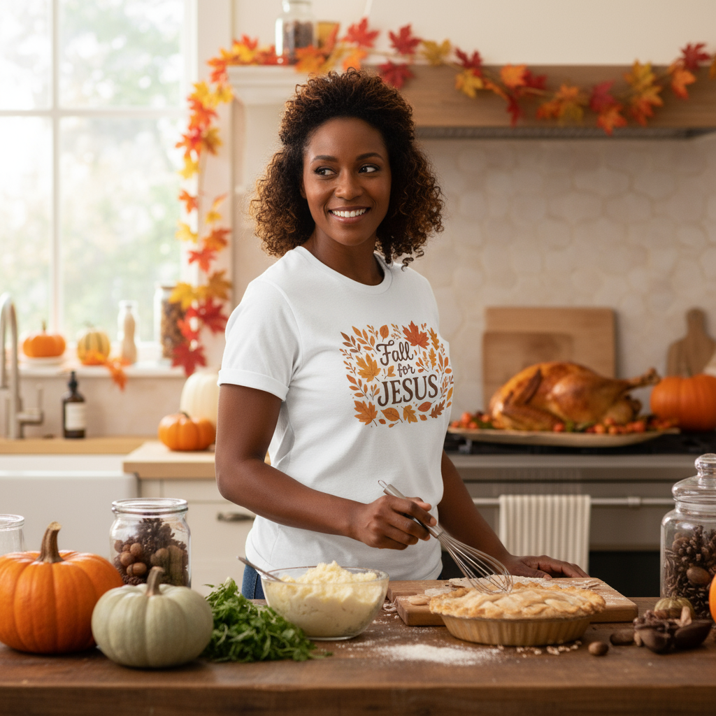 Woman in white Fall for Jesus tee