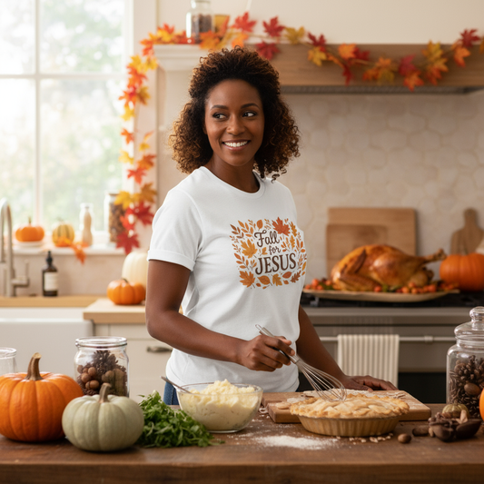 Woman in white Fall for Jesus tee