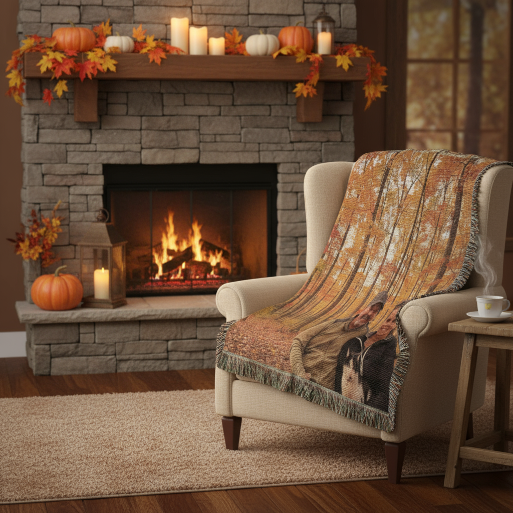Woven blanket draped over armchair by fireplace